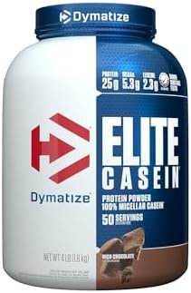 Dymatize Elite Casein Protein Powder, Slow Absorbing with 25g Protein, BCAAs & Leucine for Muscle Building and Overnight Recovery, Rich Chocolate, 4 Pound Dymatize