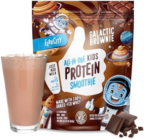 FlavCity All-In-One Protein Smoothie for Kids (Galactic Brownie) - Grass-Fed & Undenatured Whey Protein Powder with 15g Protein & 5g Collagen - Gluten-Free & Non-GMO - 15 Servings FlavCity