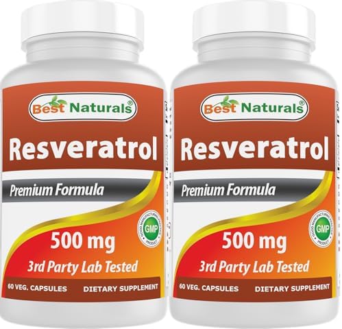 Best Naturals 2 Packs Resveratrol Complex 500 mg 60 Veg Capsules Made with Grape Skin, Red Wine, Quercetin - Gluten Free & Non GMO - (Total 120 Capsules) Best Naturals