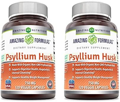 Amazing Formulas Psyllium Husk 750mg Veggie Capsules Supplement | Non-GMO | Gluten Free | Made in USA | Suitable for Vegetarians (120 Count) Amazing Nutrition