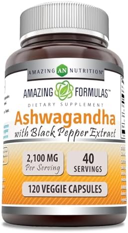 Amazing Formulas Ashwagandha Root with Black Pepper Extract Supplement | 2100 Mg Per Serving | 120 Veggie Capsules Supplement | Non-GMO | Gluten-Free | Made in USA Amazing Nutrition