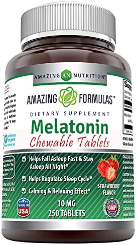 Amazing Formulas Melatonin Strawberry Flavor 10mg 250 Chewable Tablets -Helps Regulate Sleep Cycle* -Calming & Relaxing Effect* Amazing Nutrition