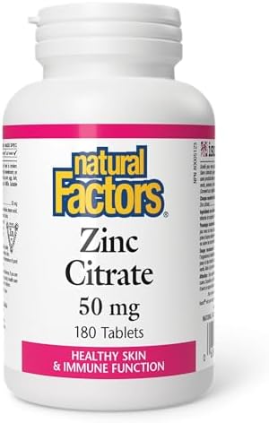 Natural Factors - Zinc Citrate 50mg, Support for Healthy Skin & Immune Function, 180 Tablets Natural Factors