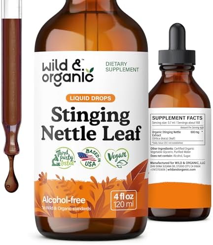 Wild & Organic Stinging Nettle Leaf Tincture - Urinary Tract Support - Stinging Nettle Extract Liquid Drops - Urtica Dioica Supplement - 5-Month Supply - Vegan, Sugar & Alcohol-Free - 4 fl oz Wild & Organic