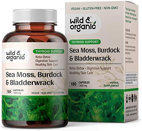 Wild & Organic Sea Moss Capsules - Irish Sea Moss Complex with Bladderwrack & Burdock Root for Overall Well-Being - 180 Vegan Seamoss Capsules Wild & Organic