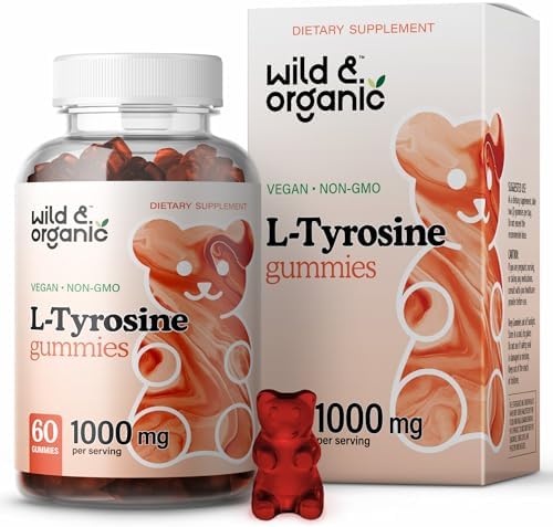 Wild & Organic L Tyrosine 1000mg Gummies - Brain Support Supplement for Focus and Mood - Vegan Focus Gummies w/L-Tyrosine Powder - 60 Non-GMO Chews Wild & Organic