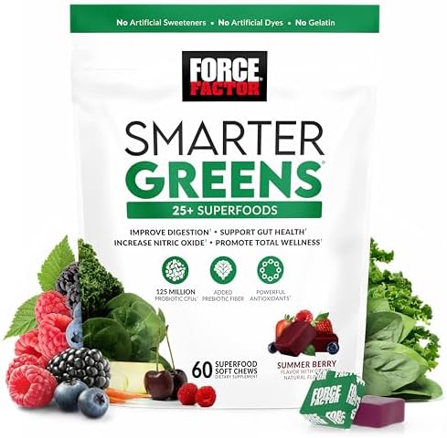 FORCE FACTOR Smarter Greens Gummies, Greens and Superfoods with Probiotics, Antioxidants, and Prebiotic Fiber, Greens Supplement to Improve Digestion, Boost Energy, and Nitric Oxide, 60 Gummies Force Factor