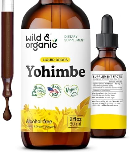 Wild & Organic Yohimbe Supplements for Men & Women - 5 mg Yohimbine Liquid Extract Drops - Pausinystalia Yohimbe Bark Tincture - Vegan, Alcohol-Free - 2 fl oz Wild & Organic