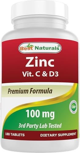 Best Naturals Zinc 100 mg with Vitamin C & D3 180 Tablets Gluten Free and Non-GMO Best Naturals