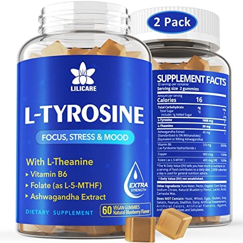 L Tyrosine Gummies 1100mg Mood Support Blend, with Ashwagandha, L-Theanine, Vitamin B Complex B6, Folate(Vitamin B9), Focus & Memory, Cognition & Brain Function, Energy Boost,Stress Support, 2Pc/120ct EnvyDeal