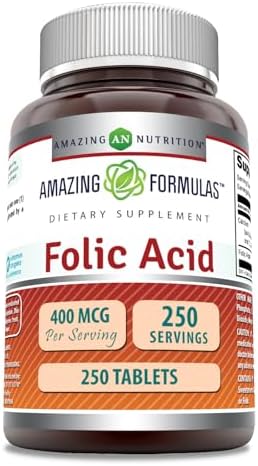 Amazing Formulas Folic Acid (Vitamin B9) 400 mcg Tablets | Non-GMO | Gluten Free | Made in USA (400 mcg, 250, Count) Amazing Nutrition