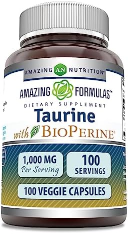 Amazing Formulas Taurine with Bioperine Supplement | 1000 Mg Per Serving | 100 Veggie Capsules | Non-GMO | Gluten Free | Made in USA Amazing Nutrition