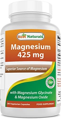 Best Naturals Magnesium 425 mg 180 Veggie Capsules - High Absorption Magnesium Glycinate & Magnesium Oxide Chelated, Non-GMO, Gluten Free Muscle Relax (180 Count (Pack of 1)) Best Naturals