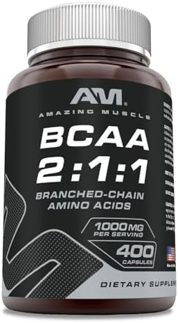 Amazing Muscle BCAA 2:1:1 1000 Mg | Pre-Workout Supplement | 400 Capsules | Non-GMO | Gluten-Free | Made in USA Amazing Nutrition