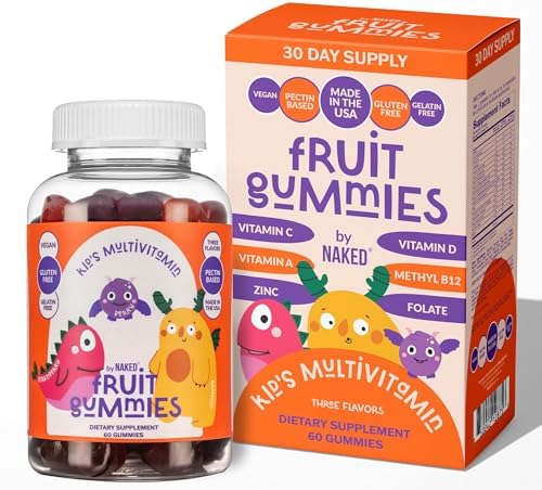 Naked Nutrition Kids Vitamin Gummies, Made in USA, GMO Free, Gluten-Free, Gelatin Free, Vegan, Kids Vitamins A, C, D, E, B6, B12, Zinc, 3 Fruit Flavors, 30 Day Supply Naked Nutrition