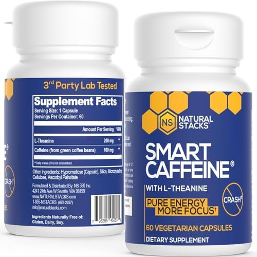 NATURAL STACKS Smart Caffeine Pills - 100mg Caffeine + 200mg L-Theanine Supplement - Supports Energy and Focus - No Jitters and No Crash - 60 Capsules Natural Stacks