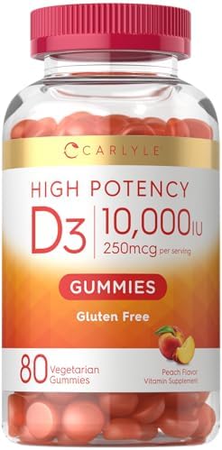 Vitamin D3 10000iu Gummies for Adults | 80 Count | Peach Flavored Gummy | High Potency for Women & Men | Vegetarian, Non-GMO, Gluten Free Supplement Carlyle