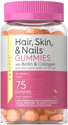 Carlyle Hair Skin and Nails Vitamins | 75 Gummies | with Biotin and Collagen | Gummy Supplement for Women | Strawberry Flavor | Non-GMO, Gluten Free Carlyle