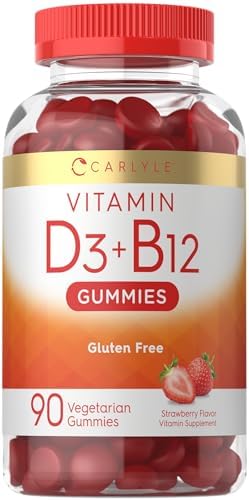 Carlyle Vitamin D3 + B12 Complex Gummies | 90 Count | Vegetarian, Non-GMO, and Gluten Free Formula | Strawberry Flavor Supplement Carlyle