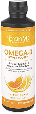 BRAINMD Dr Amen Omega-3 Power Squeeze, Citrus Blast - 16.8 oz - Supports Cardiovascular, Brain & Immune System Health - Gluten Free - 30 Servings BrainMD