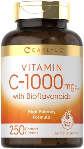 Carlyle Vitamin C 1000mg with Bioflavonoids | 250 Caplets | with Rose HIPS | Vegetarian, Non-GMO, Gluten Free Supplement Carlyle