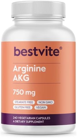 BESTVITE Arginine AKG 750mg (240 Vegetarian Capsules) - No Stearates - Vegan - Non GMO - Gluten Free Bestvite