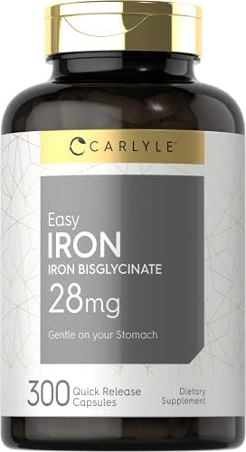 Carlyle Easy Iron Supplement for Women and Men | 28mg | 300 Capsules | as Ferrous Bisglycinate | Non-GMO and Gluten Free Carlyle