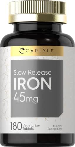 Carlyle Slow Release Iron 45 mg | 180 Tablets | Vegetarian, Non-GMO, and Gluten Free Formula | Ferrous Sulfate Mineral Supplement Carlyle