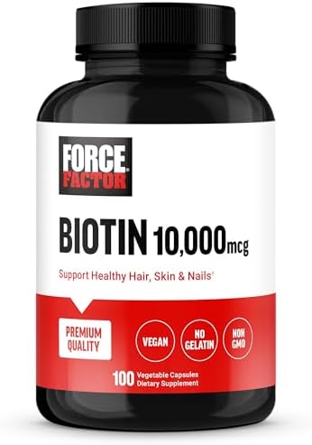 FORCE FACTOR Biotin 10000mcg, Biotin Supplement for Healthier Hair, Skin, and Nails, Hair Growth Supplement with Biotin Vitamins, Vegan Biotin, Non-GMO, 100 Vegetable Capsules Force Factor