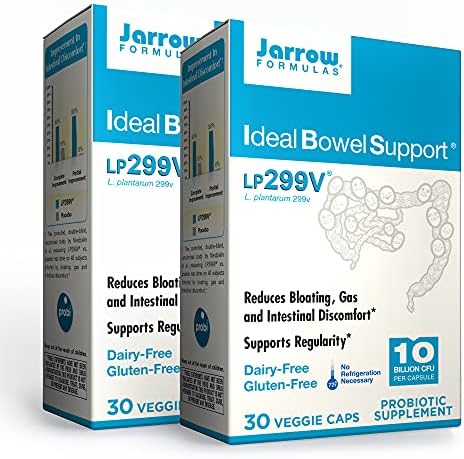 Jarrow Formulas Ideal Bowel Support - 10 Billion Organisms Per Serving - 30 Veggie Caps, Pack of 2 - Bowel Support - Reduces Bloating?, Gas & Intestinal Discomfort - Up to 60 Total Servings Jarrow Formulas