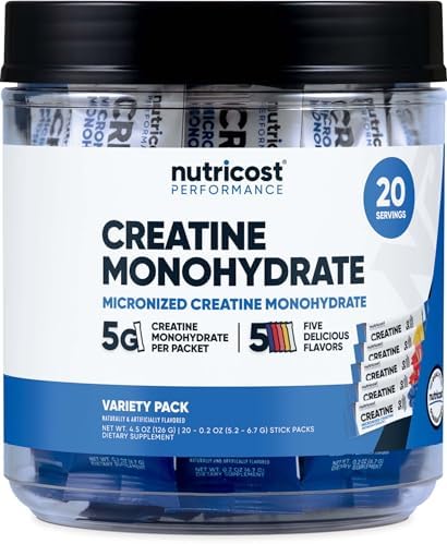 Nutricost Creatine Monohydrate Powder Variety Stickpacks (5 Flavors, 20 Servings) - Micronized, 5 Grams of Creatine Monohydrate Per Pack Nutricost