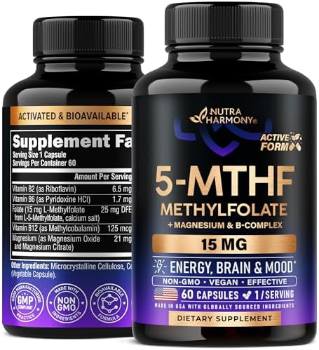 L Methylfolate 15 mg - 5-MTHF Methylfolate Supplement - plus Methyl B12, Vitamins B2 & B6, Magnesium - BioActive Vitamin B9 - Methylation Support, Energy & Brain - Made in USA, 60 Capsules for 2 Month Nutraharmony