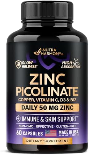 Zinc Picolinate 50mg - Zinc Supplement with Copper, Vitamin D3 & B12 - Stomach Friendly | Slow Release Zinc - Immune Support & Skin Health - High Absorption with BioPerine & Vitamin C - 60 Capsules Nutraharmony