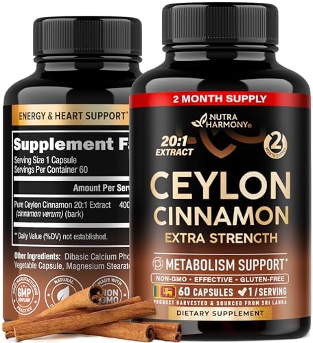 Ceylon Cinnamon Capsules - Extra Strength - Energy, Heart & Metabolism Support - for Men & Women - Pure Natural Extract 20:1 Supplement - Made in USA - GMO & Gluten Free, 60 Capsules, 2 Month Supply Nutraharmony