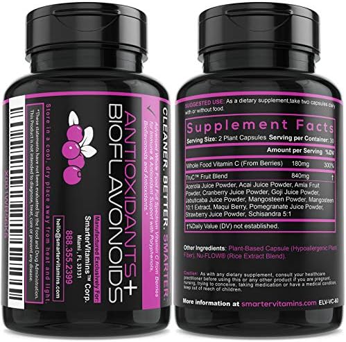 Smarter Raw Whole Food Vitamin C from Berries, Premium Antioxidants, Bioflavonoids & Polyphenols, 60 Vegan Capsules SmarterVitamins