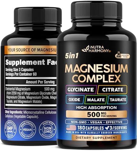 Magnesium Supplement - 5 in 1 Complex | Glycinate | Citrate | Malate | Taurate | Oxide - Made in USA - Stress, Muscle & Heart Support - Vegan, Natural, Non-GMO - 180 Capsules, 2 Month Supply Nutraharmony