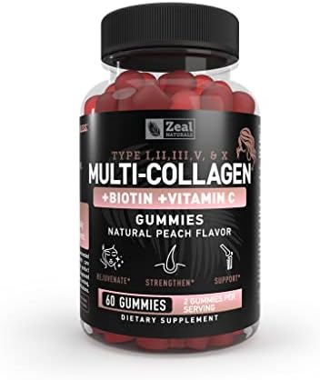 Multi Collagen Peptide Gummies (1, 2, 3, 5 & 10) + Vitamin C + Biotin + Hyaluronic Acid | Supports Healthy Hair, Skin, and Nails | Non-GMO and Gluten-Free | Natural Peach Flavor | 60 Gummies Zeal Naturals