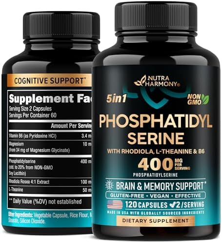 Phosphatidylserine 400 mg - Brain, Memory & Focus Support - Certified NON-GMO, Naturally Derived & Bioavailable - with Rhodiola Rosea, L-Theanine, Magnesium & Vitamin B6 - Made in USA - 120 Сapsules Nutraharmony