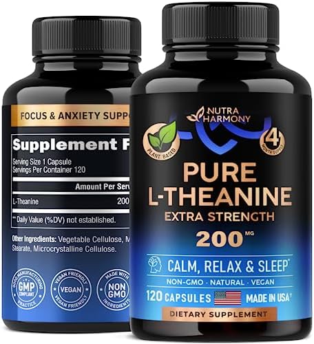 L Theanine Supplement - Relaxation, Sleep & Calm Support - L-Theanine Stress Relief - Made in USA - For Men & Women - Plant Based, Non-GMO & Gluten-Free - 4 Month Supply, 120 Vegan Capsules Nutraharmony