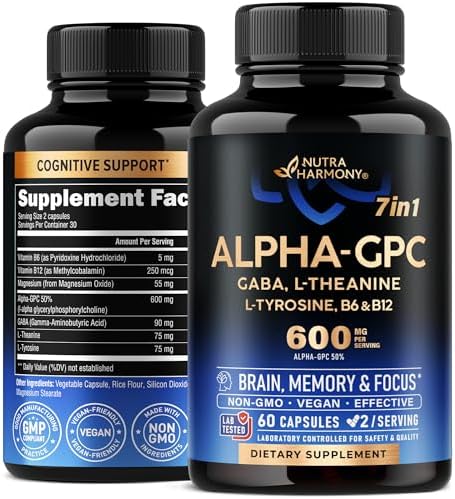 Alpha GPC 600 mg - Alpha-GPC Supplement for Focus, Memory & Energy - Bioactive Choline for Brain & Cognition - with Gaba | L-Theanine | Vitamin B6 & B12 - for Men & Women - Made in USA - 60 Capsules Nutraharmony