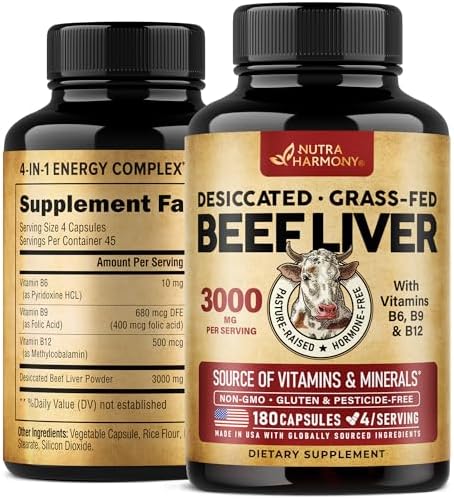 Beef Liver Capsules 3000 mg - Organic Desiccated Beef Liver - Argentinian, Grass-Fed & Pasture Raised - For Energy, Brain, Focus & Mood, Skin & Hair Support - with Vitamin B-Complex - 180 Capsules Nutraharmony