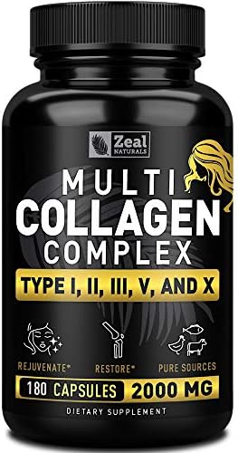 Multi Collagen Peptides Pills (Types Ⅰ,Ⅱ,Ⅲ,Ⅴ,Ⅹ) Grass Fed Collagen Pills (180 Capsules) - Hydrolysate Collagen Protein Blend for Hair, Skin, Nails, and Joint Support - Collagen Pills for Women Zeal Naturals