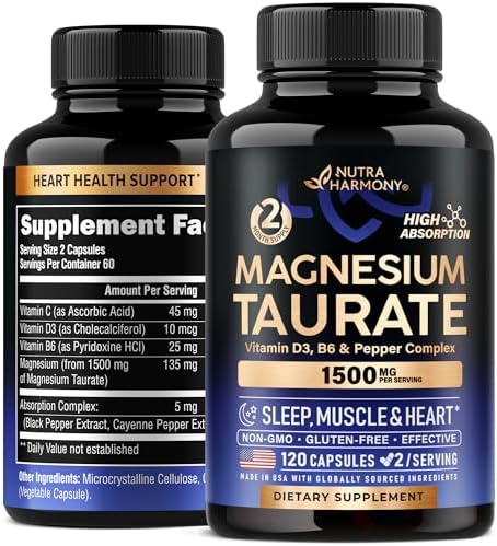 Magnesium Taurate 1500 mg - Bioavailable for Heart Support, Sleep & Muscle - with Vitamins B6, C & D3 - Pepper for Enhanced Absorption - Laboratory Tested, Made in USA - 120 Capsules, 2 Month Supply Nutraharmony