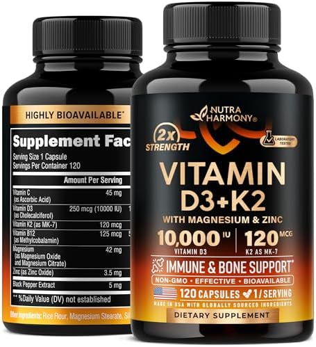 Vitamin D3 K2 - Vitamin D3 10000 iu & K2 as MK-7 120 mcg - Immune & Mood Support, for Bone & Teeth Health - with Magnesium, Zinc & Vitamin C & B12 - Highly Bioavailable - Made in USA, 120 Capsules Nutraharmony