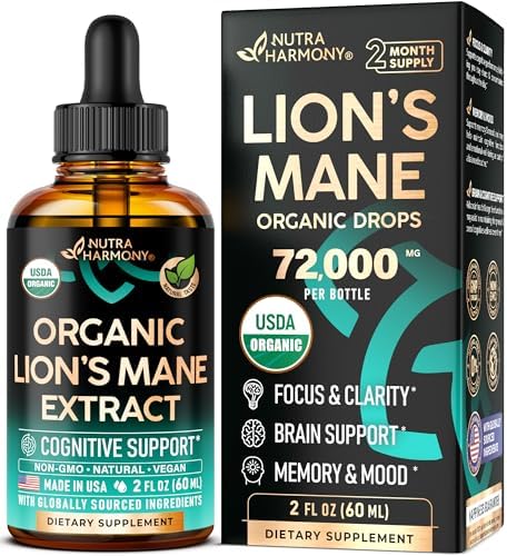 Lions Mane Liquid - USDA Certified Organic Lions Mane Supplement - Brain Support, Energy, Memory & Focus - Sugar & Alcohol-Free Lions Mane Mushroom Extract 72,000 mg / Bottle - 2 Fl OZ, 2 Month Supply Nutraharmony