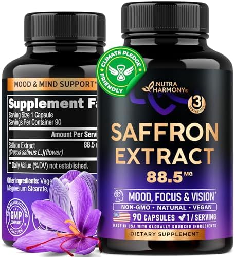 Natural Saffron Supplements - Pure Saffron Extract 88.5 mg - Made in USA - Mood | Focus | Vision | Energy Support - Eye Health for Women & Men - NonGMO Vegan Pills - 90 Powder Capsules, 3 Month Supply Nutraharmony