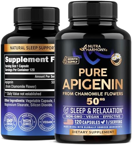 Apigenin 50 mg - Apigenin Supplement for Sleep - Natural from Chamomile Flowers - Quality Rest, Calm & Relaxation - for Women & Men - Vegan, NON-GMO, Lab Tested - Made in USA - 120 Capsules, 1/Day Nutraharmony