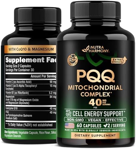 PQQ 40 mg - PQQ with CoQ10 Supplement - Mitochondria Biogenesis & Cellular Energy Production - with Magnesium, Vitamins C, E & B2 - Pure & Highly Bioavailable | Lab Tested - Made in USA - 60 Capsules Nutraharmony