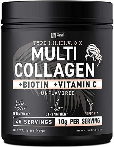 Premium Multi Collagen Peptides Protein Powder (1, 2, 3, 5 & 10) with Vitamin C, Biotin, Hyaluronic Acid, for Hair Skin and Nails - Marine, Bovine, Chicken & Eggshell (Chocolate, 45 Servings) Zeal Naturals