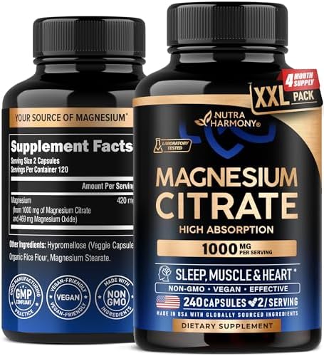 Magnesium Citrate Capsules 1000mg | High Absorption Supplement - Sleep, Muscle & Heart Support - Vegan | Non-GMO - Made in USA - As Powder | Pills | Tablets - 120 Capsules, 2 Month Supply Nutraharmony